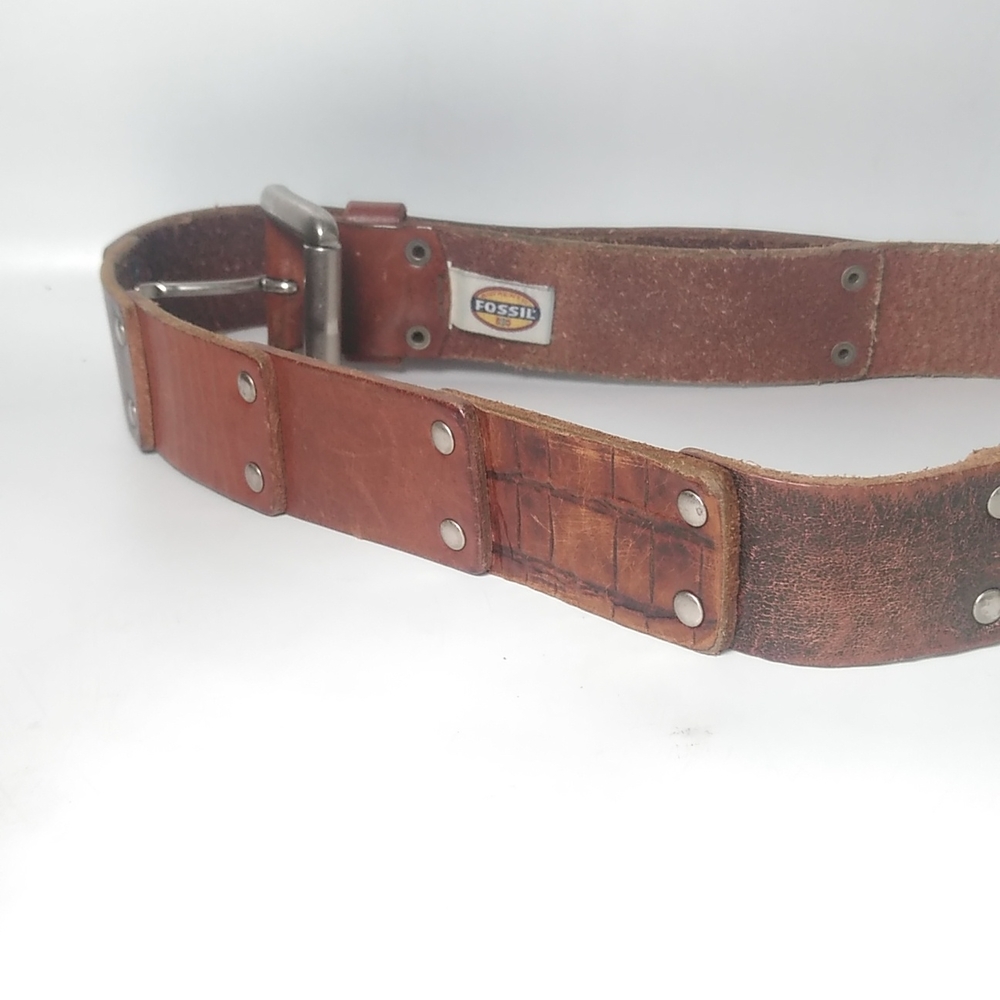 Womens Vintage Fossil Brown Leather Belt Sze.34 Patched Style Silver Buckle